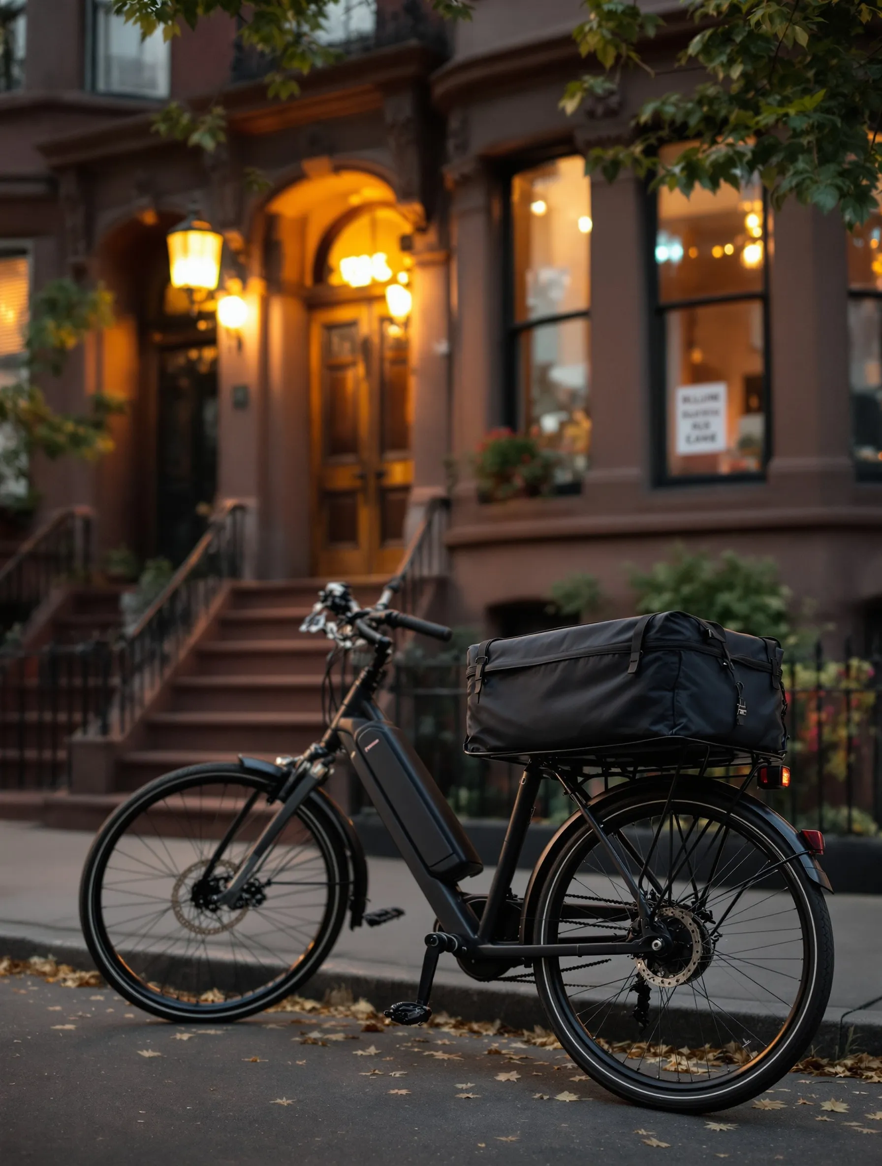 Beleaf Brooklyn cannabis delivery e-bike with insulated courier bag parked in front of a brownstone at golden hour