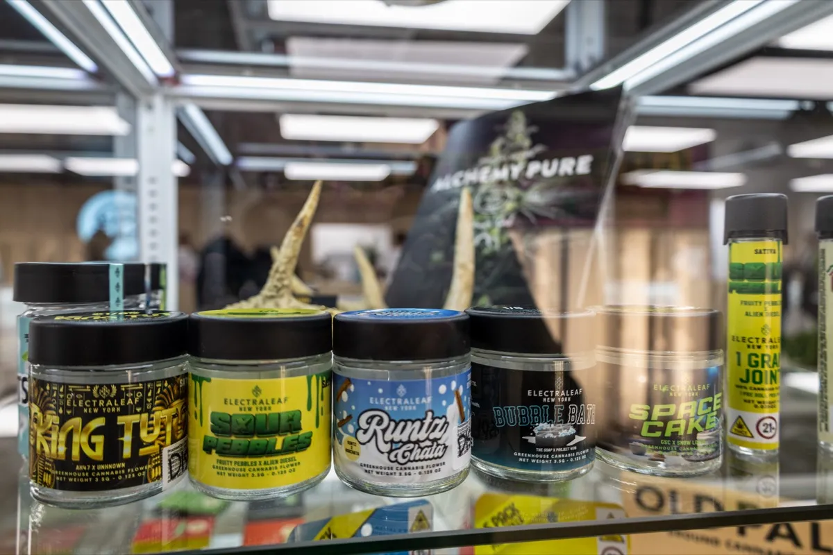 Cannabis products on display at Beleaf Brooklyn available for delivery