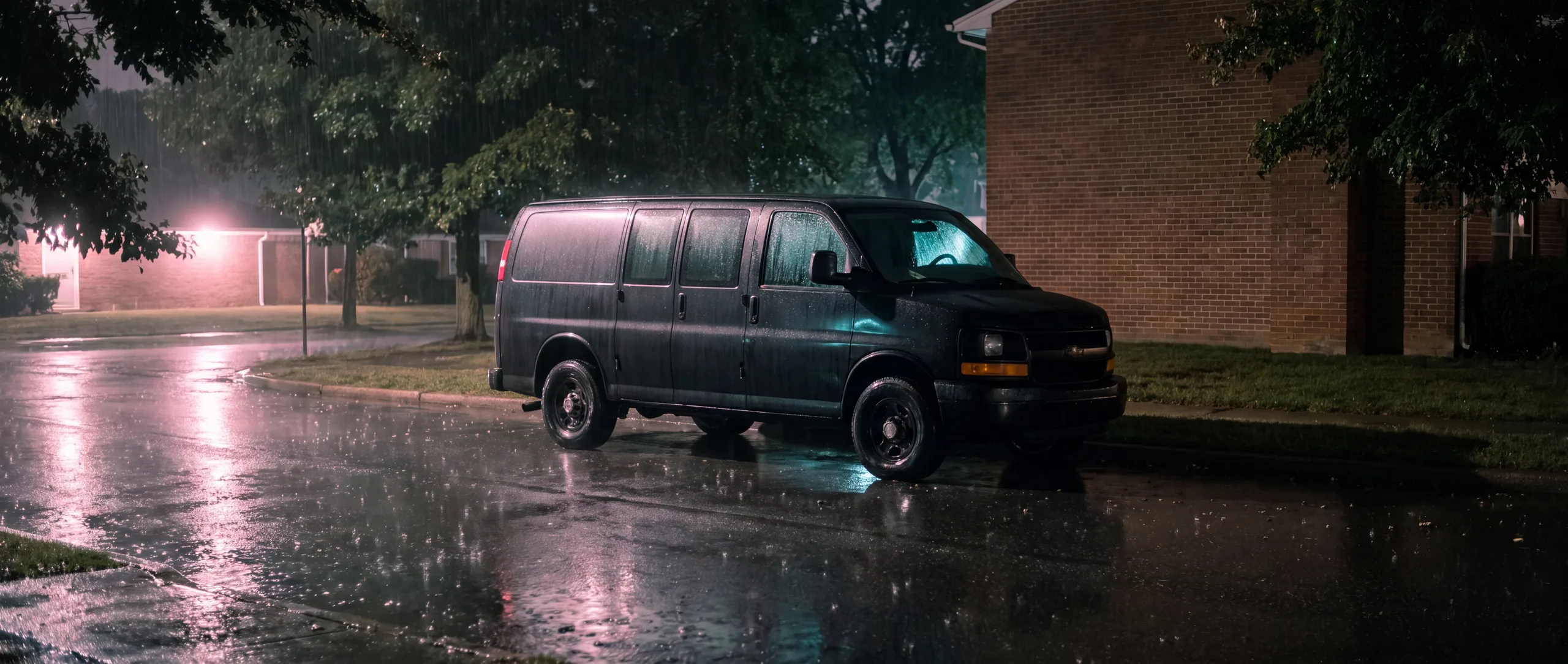 A discreet matte-black Beleaf delivery van on a rain-sheened central Suffolk street at night - premium Long Island cannabis delivery
