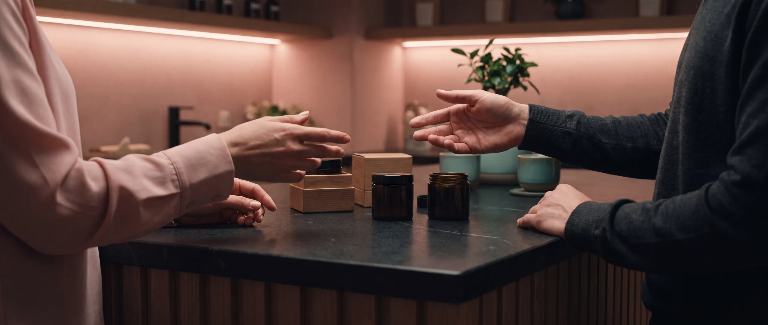 An intimate Beleaf budtender consultation under soft blush-pink ambient light - cannabis education and guidance