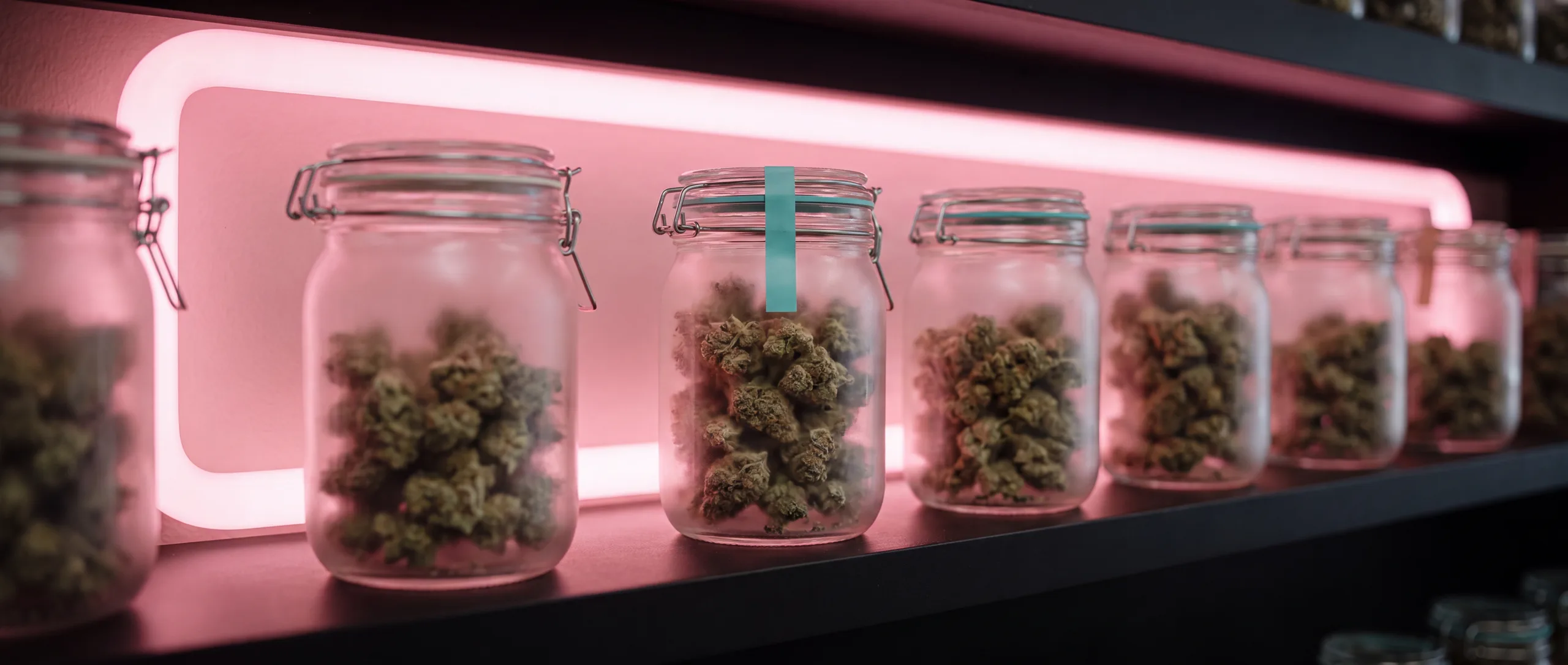 A backlit row of premium lab-tested cannabis flower jars on a matte-black shelf with blush-pink neon glow at Beleaf NY