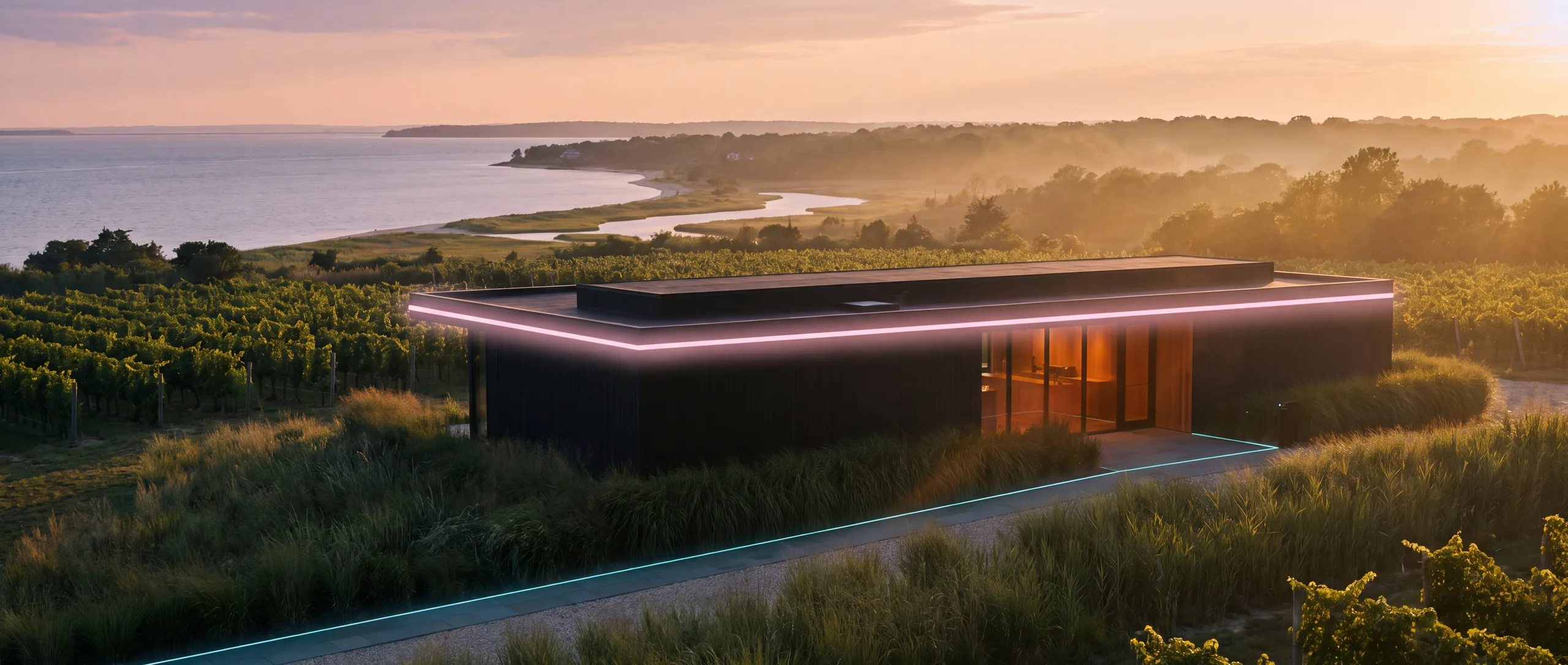 North Fork Long Island vineyard and bay at golden hour beside a premium matte-black Beleaf Calverton cannabis dispensary with blush-pink neon accent
